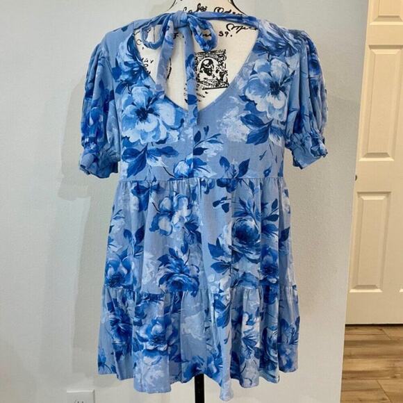 ALTAR D’STATE MINI DRESS SMOCKED OVERSIZED TIERED BLUE FLORAL SZ M AESTHETIC - Picture 13 of 16